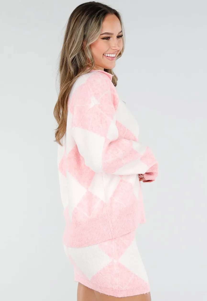Roze Gebreide Ruitpatroon Set met Trui en Rok