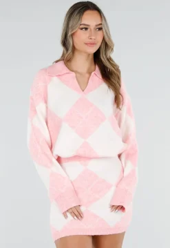 Roze Gebreide Ruitpatroon Set met Trui en Rok