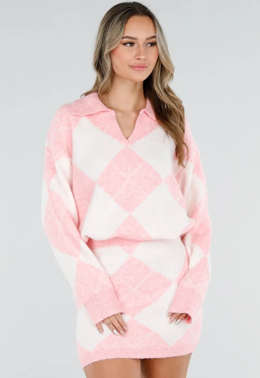 Roze Gebreide Ruitpatroon Set met Trui en Rok