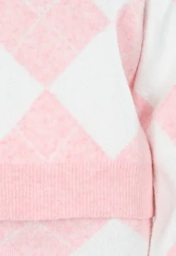 Roze Gebreide Ruitpatroon Set met Trui en Rok