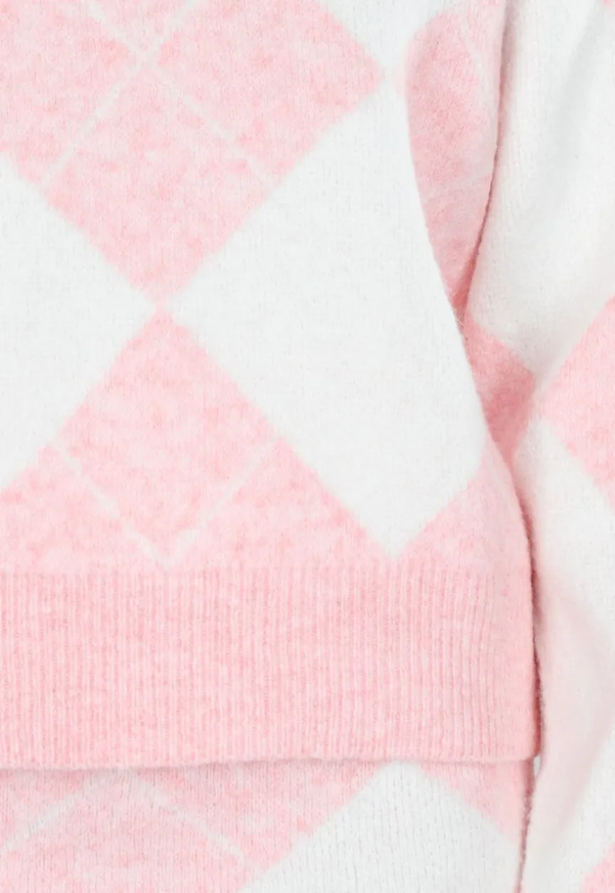 Roze Gebreide Ruitpatroon Set met Trui en Rok