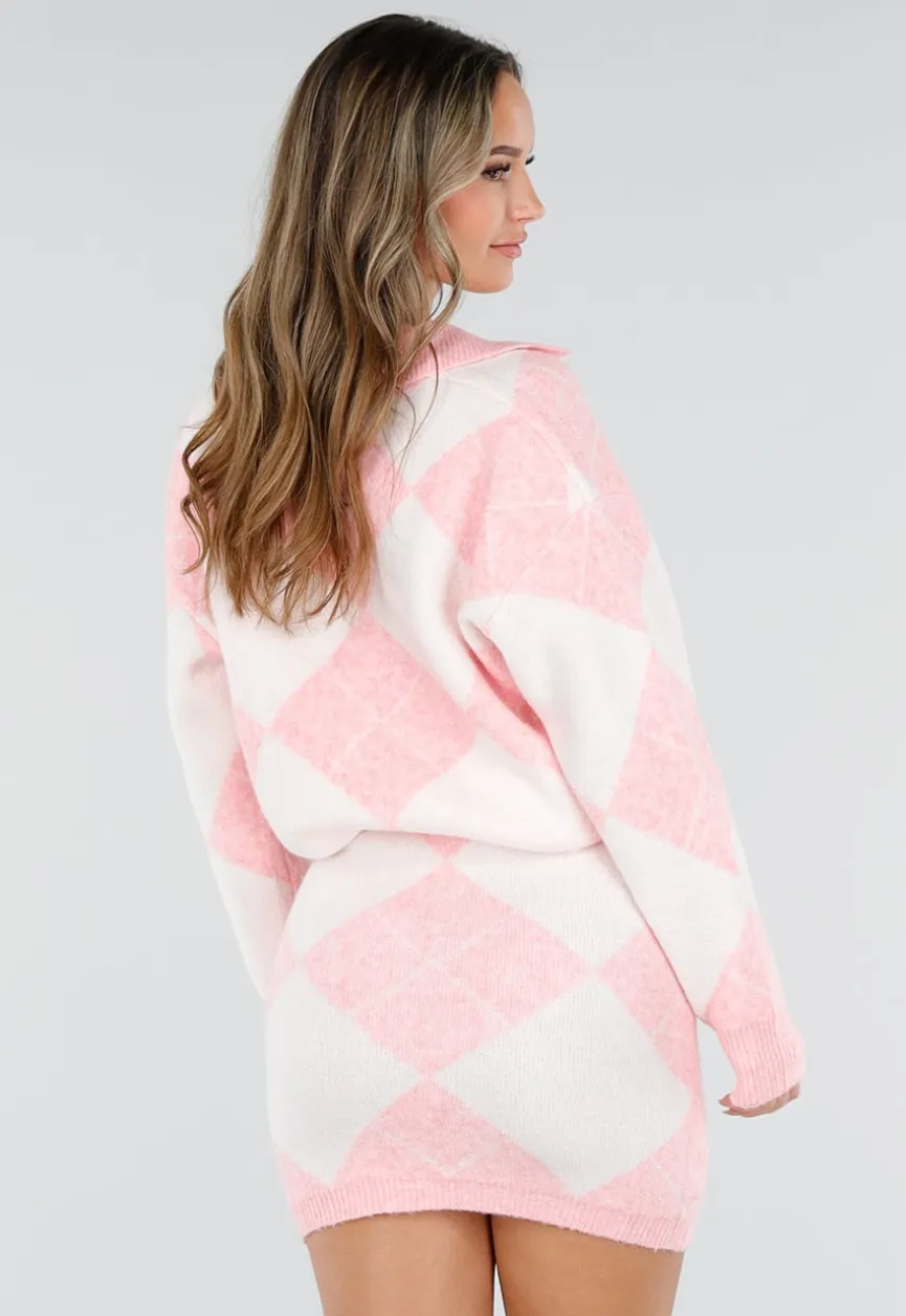 Roze Gebreide Ruitpatroon Set met Trui en Rok