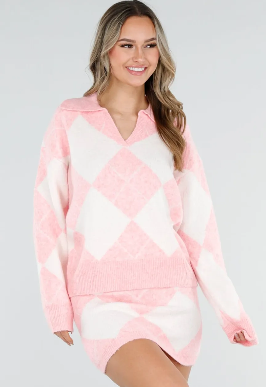 Roze Gebreide Ruitpatroon Set met Trui en Rok