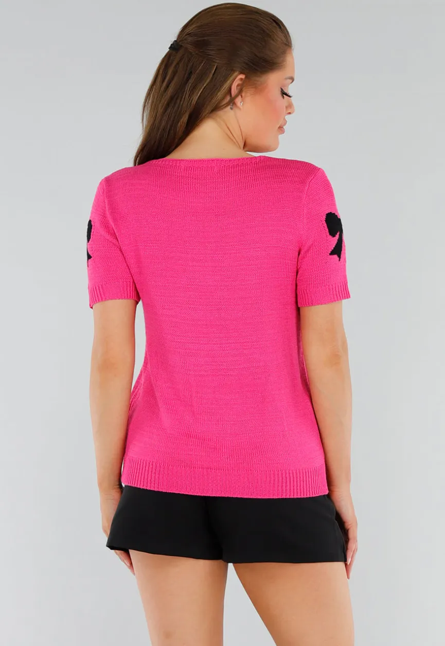 Roze Gebreide Top met Stretch, Striksluiting en Strikjesprint