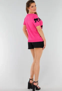 Roze Gebreide Top met Stretch, Striksluiting en Strikjesprint