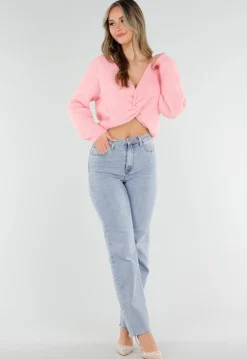Roze Gebreide Twist Trui met V Hals en Open Rug