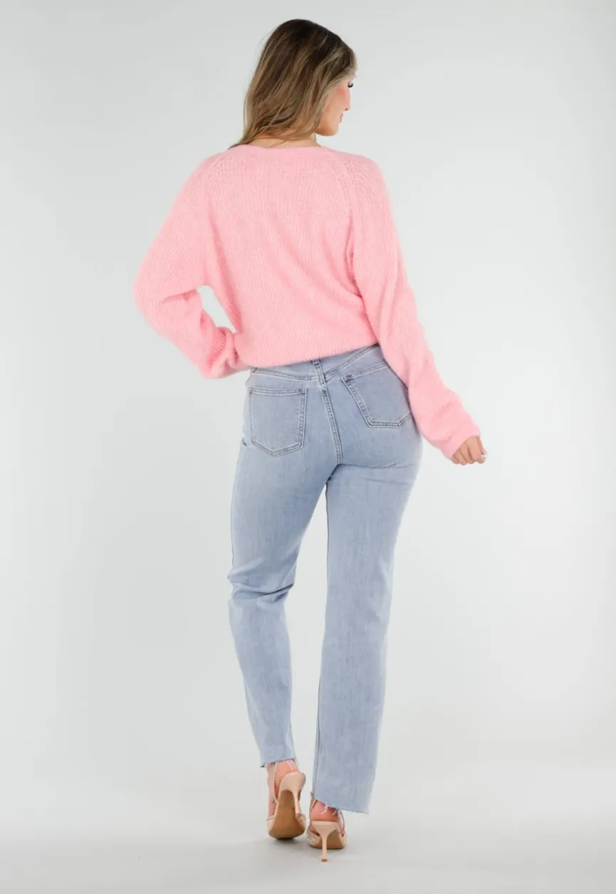 Roze Gebreide Twist Trui met V Hals en Open Rug