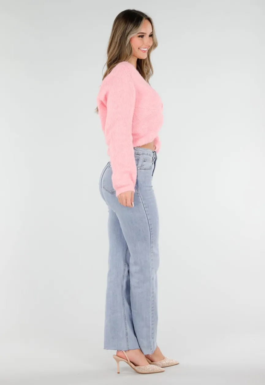 Roze Gebreide Twist Trui met V Hals en Open Rug