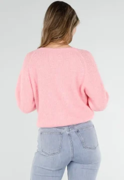 Roze Gebreide Twist Trui met V Hals en Open Rug