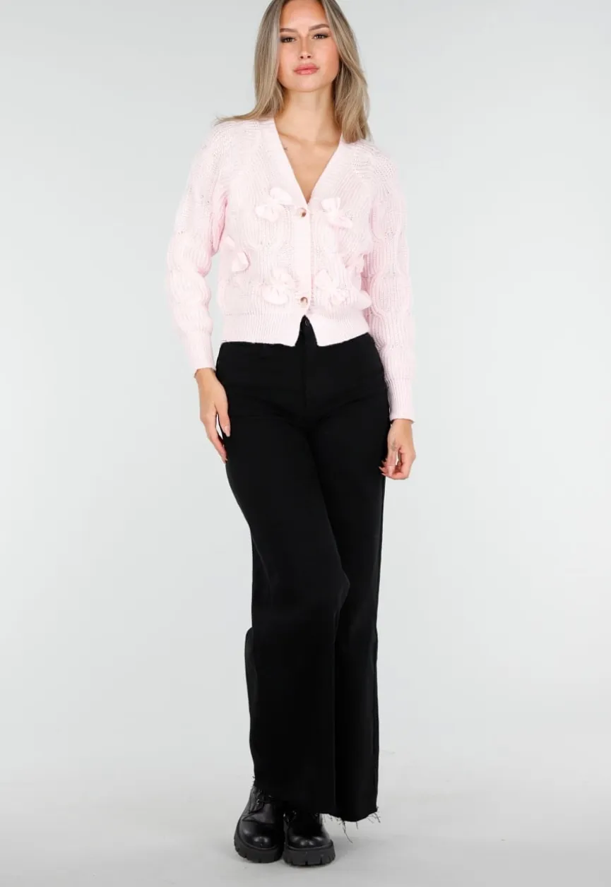 Roze Gebreid Vest met Strikdetails en Knopen