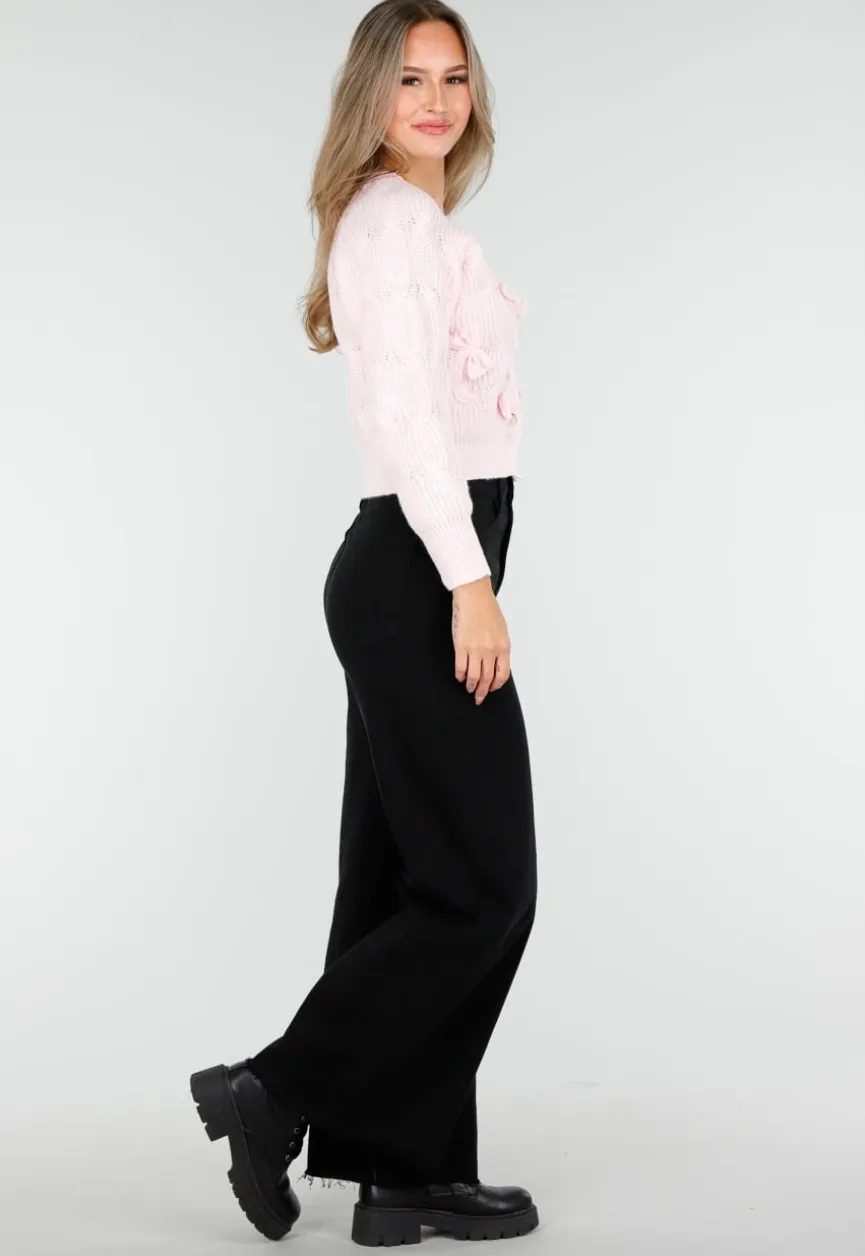 Roze Gebreid Vest met Strikdetails en Knopen