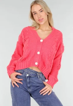 Roze Gebreid Vest met V-Hals en Knoopsluiting
