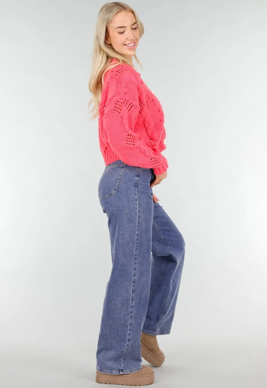 Roze Gebreid Vest met V-Hals en Knoopsluiting