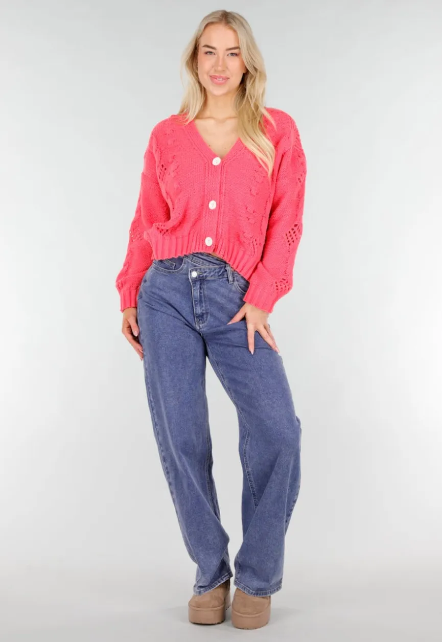 Roze Gebreid Vest met V-Hals en Knoopsluiting