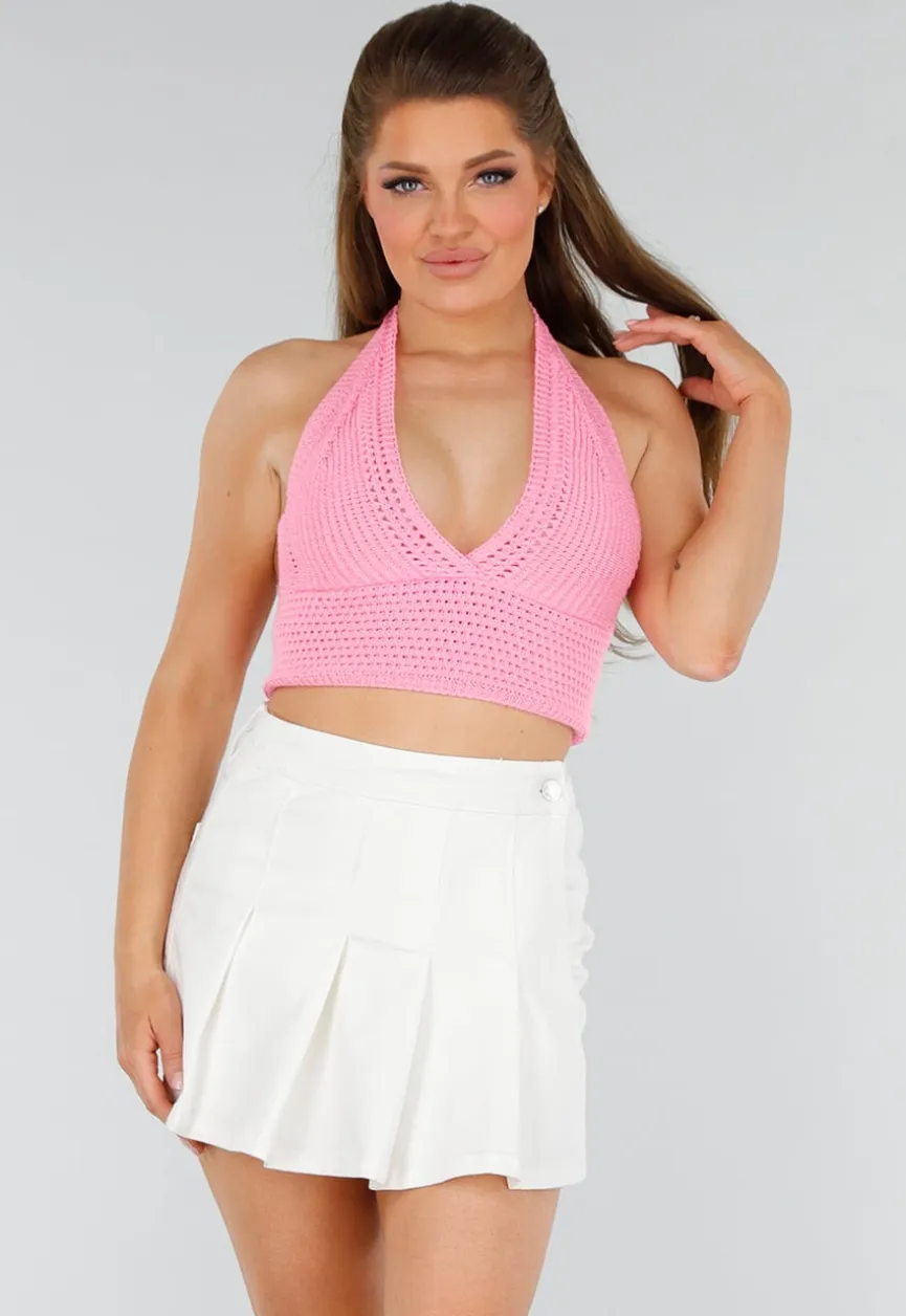 Roze Gehaakte Haltertop met Stretch en Cropped Model