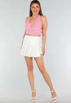 Roze Gehaakte Haltertop met Stretch en Cropped Model