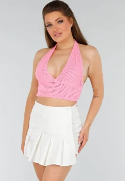 Roze Gehaakte Haltertop met Stretch en Cropped Model