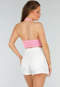 Roze Gehaakte Haltertop met Stretch en Cropped Model