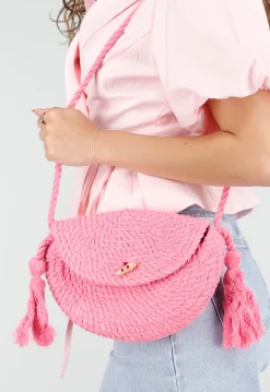 Roze Gehaakte Schoudertas met met Kwastjes en Koordband