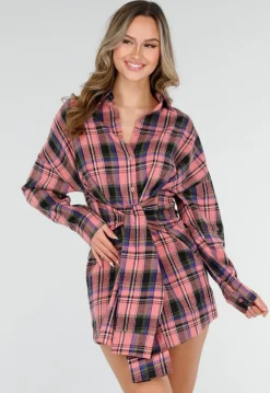 Roze Geruite Blouse Jurk met Strikmouwen