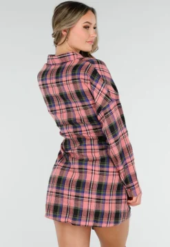 Roze Geruite Blouse Jurk met Strikmouwen