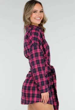 Roze Geruite Blouse Jurk met Tailleband