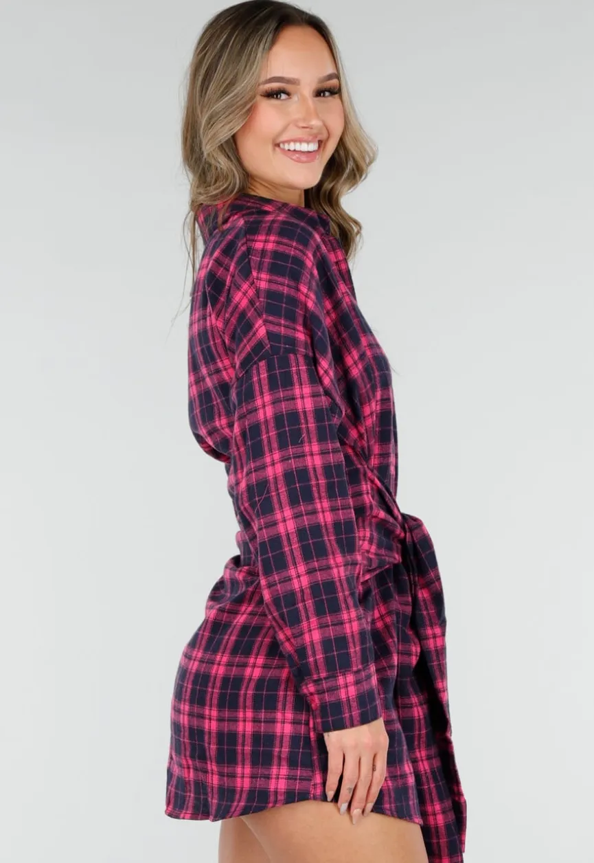 Roze Geruite Blouse Jurk met Tailleband