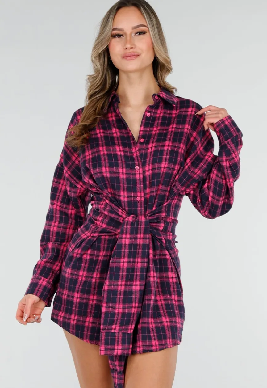 Roze Geruite Blouse Jurk met Tailleband