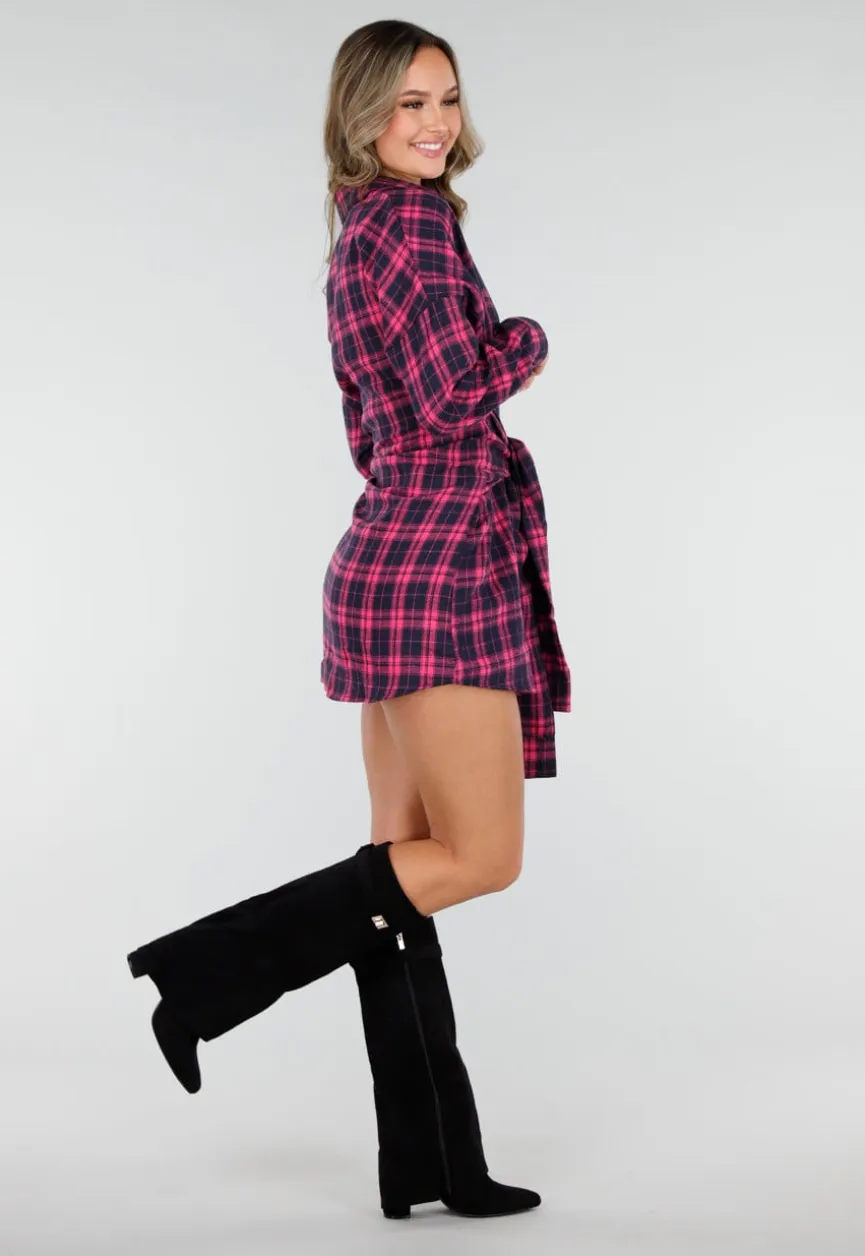 Roze Geruite Blouse Jurk met Tailleband