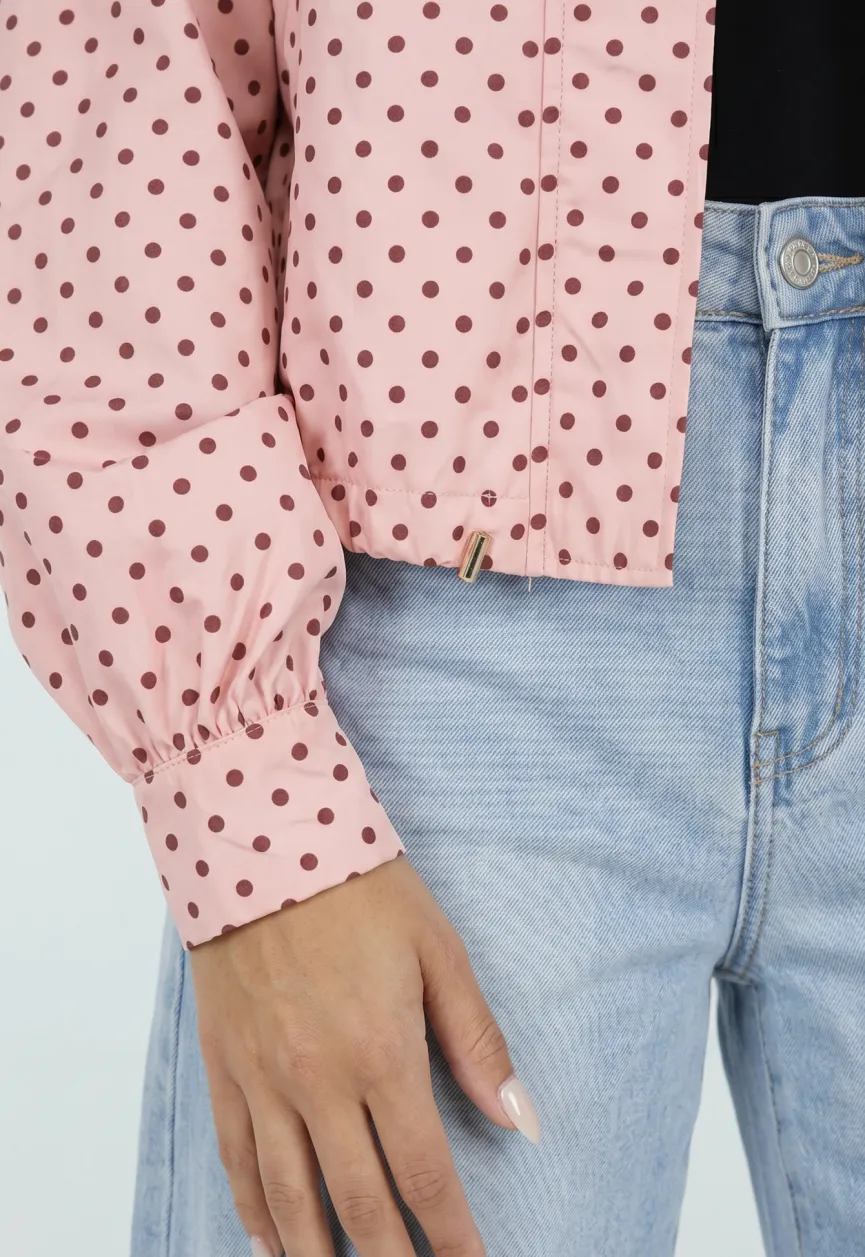 Roze Gestippeld Kort Jack met Opstaande Kraag en Trekkoord