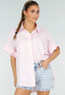 Roze Gestreepte Blouse met Korte Mouwen en Knoopsluiting