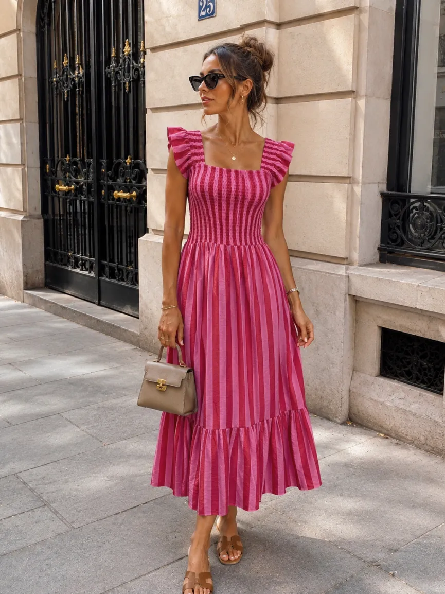 Roze Gestreepte Midi Jurk met Smockdetail en Ruffle Mouwen