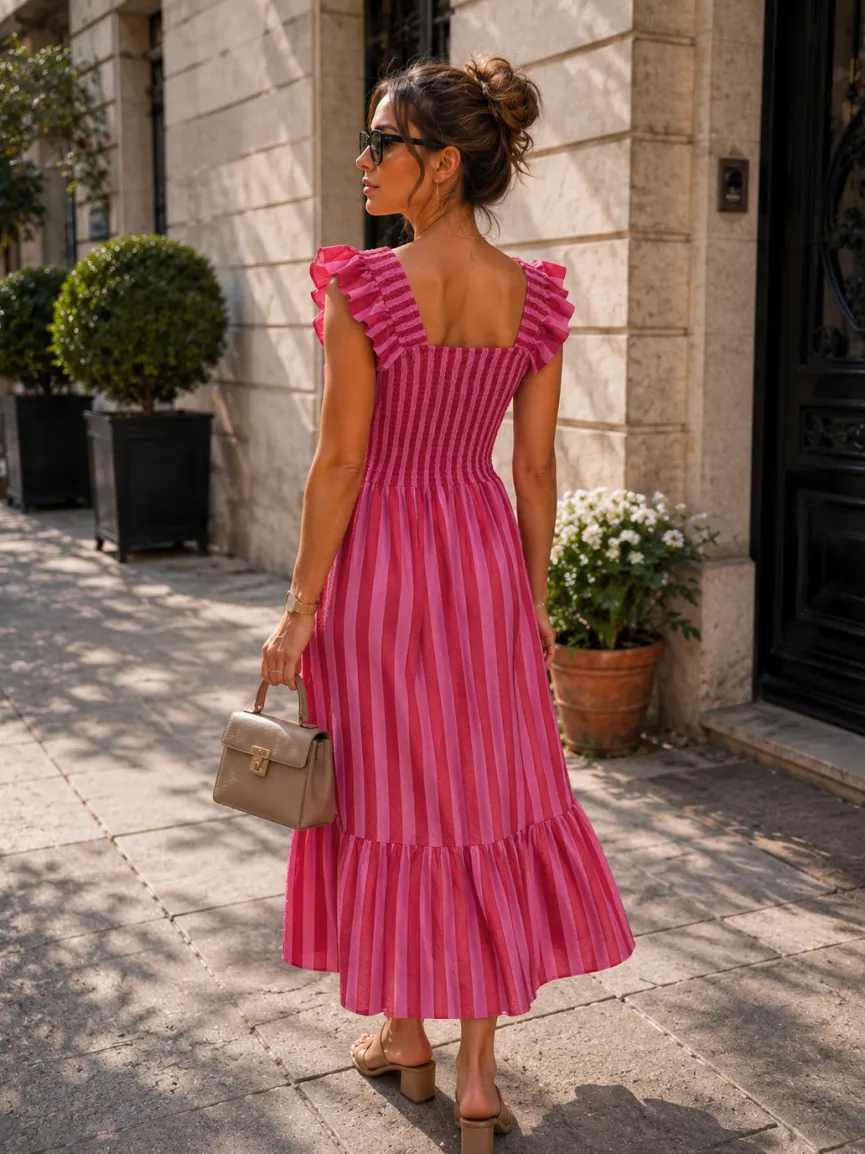 Roze Gestreepte Midi Jurk met Smockdetail en Ruffle Mouwen