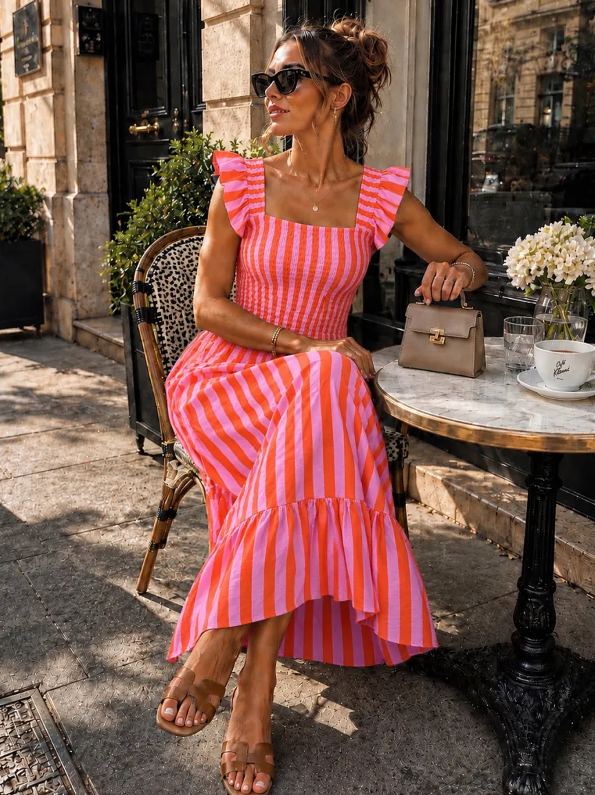 Roze Gestreepte Midi Jurk met Smockdetail en Ruffle Mouwen