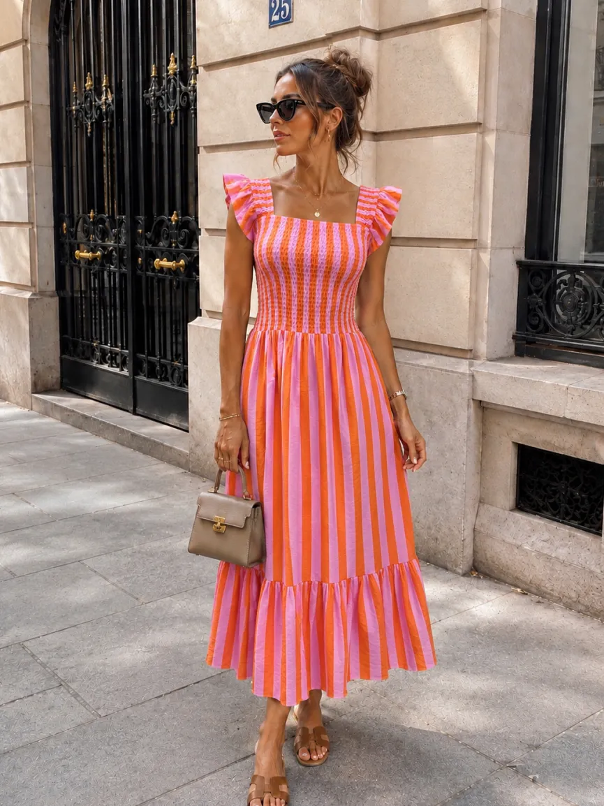 Roze Gestreepte Midi Jurk met Smockdetail en Ruffle Mouwen