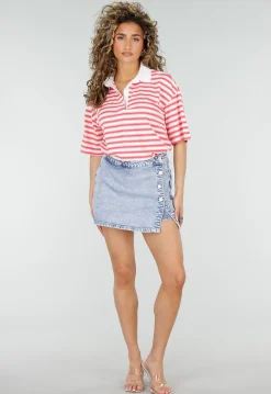 Roze Gestreepte Polo T-shirt met Kraag en Korte Mouwen