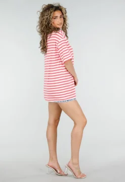 Roze Gestreepte Polo T-shirt met Kraag en Korte Mouwen