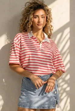 Roze Gestreepte Polo T-shirt met Kraag en Korte Mouwen