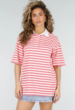 Roze Gestreepte Polo T-shirt met Kraag en Korte Mouwen