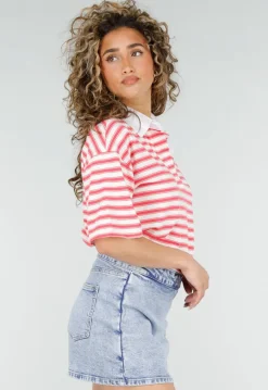 Roze Gestreepte Polo T-shirt met Kraag en Korte Mouwen