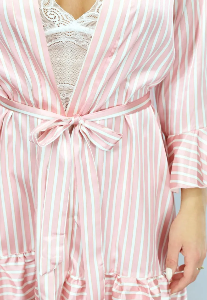 Roze Gestreepte Satijnen Pyjama Short Set met Kimono