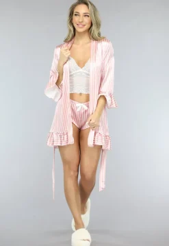 Roze Gestreepte Satijnen Pyjama Short Set met Kimono