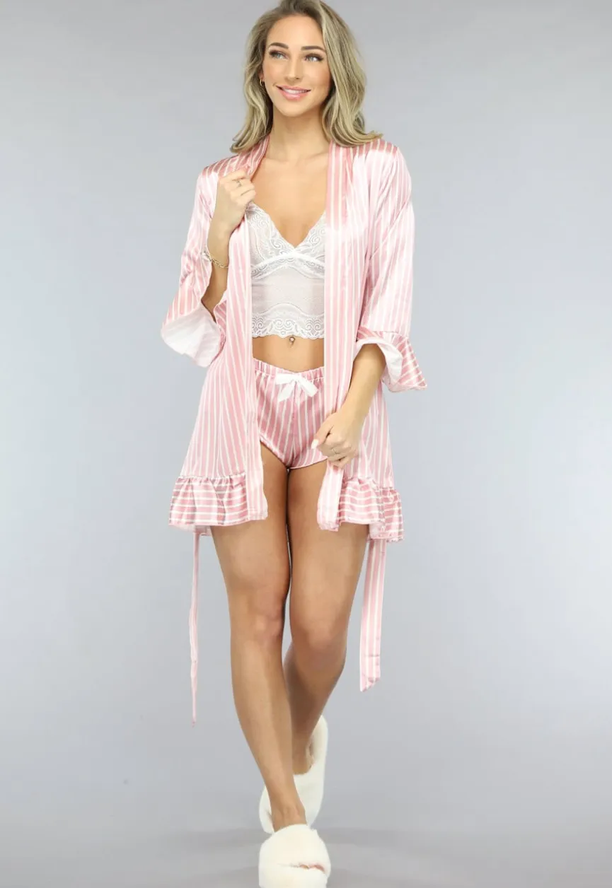 Roze Gestreepte Satijnen Pyjama Short Set met Kimono