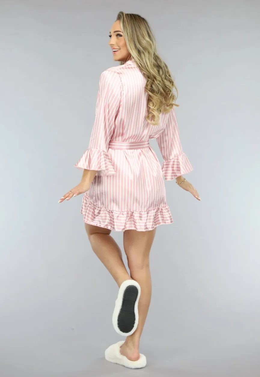 Roze Gestreepte Satijnen Pyjama Short Set met Kimono