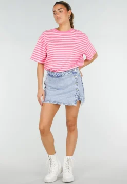 Roze Gestreept T-shirt met Korte Mouwen en Ronde Hals