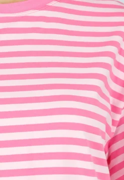 Roze Gestreept T-shirt met Korte Mouwen en Ronde Hals