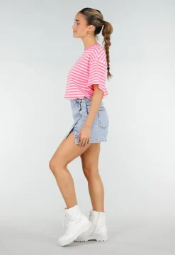 Roze Gestreept T-shirt met Korte Mouwen en Ronde Hals
