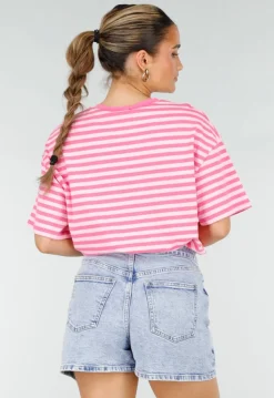 Roze Gestreept T-shirt met Korte Mouwen en Ronde Hals