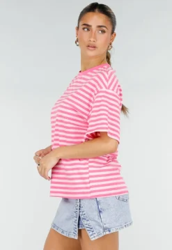 Roze Gestreept T-shirt met Korte Mouwen en Ronde Hals