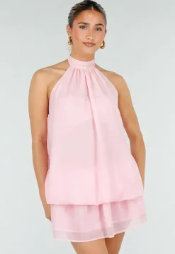 Roze Halter Jurkje met Open Rug en Striksluiting